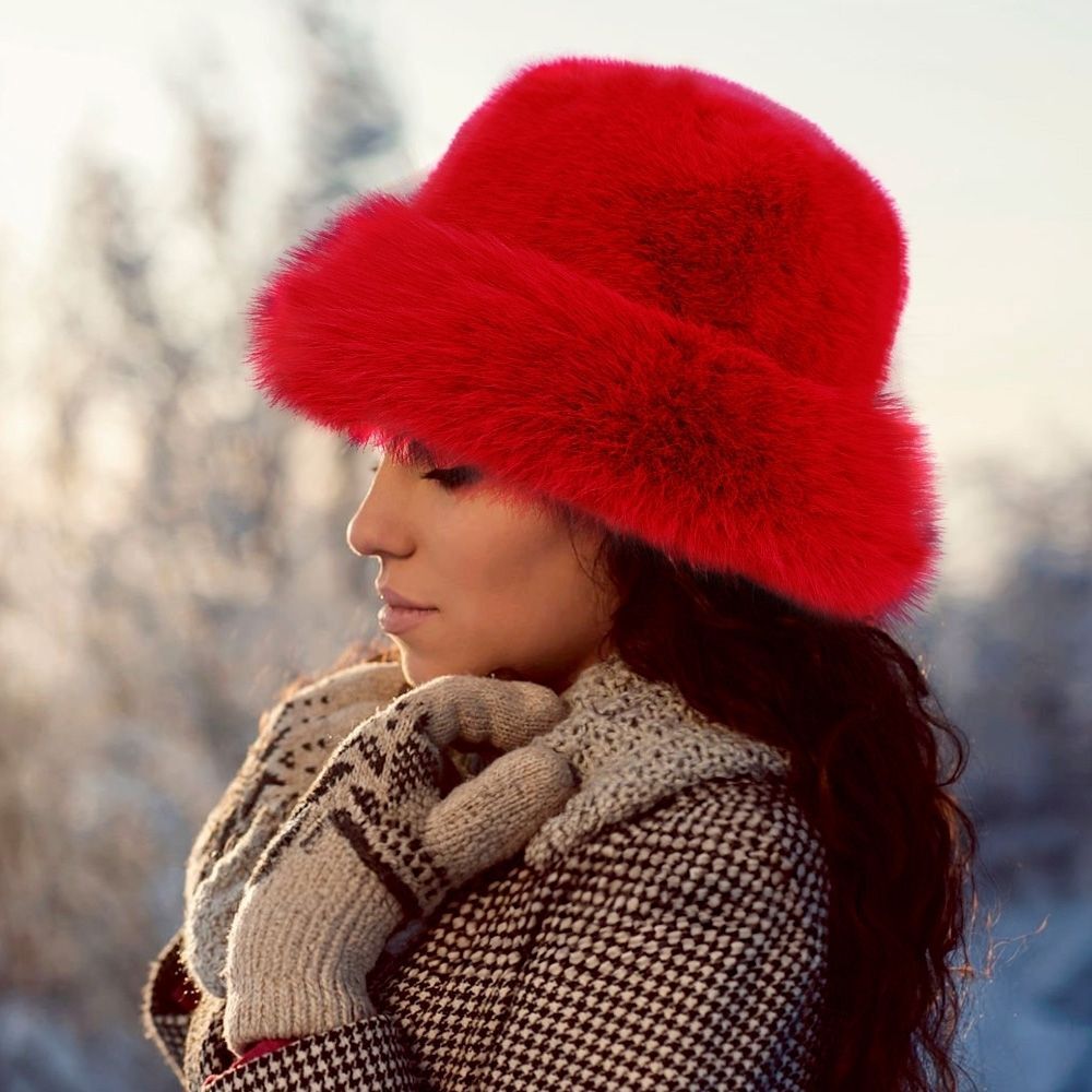 Red Winter Fluffy Russian Fur Bucket Hat Trendy Fashion Accessory - Picture 1 of 2